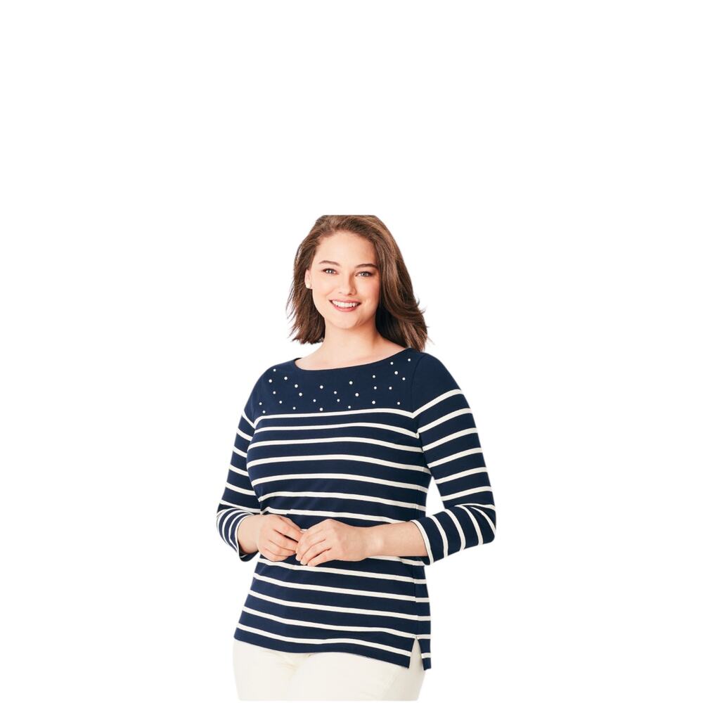 Talbots Top Stripe Pearl Embellished Cotton Bateau Neck 3/4 Sleeve Womens XLP